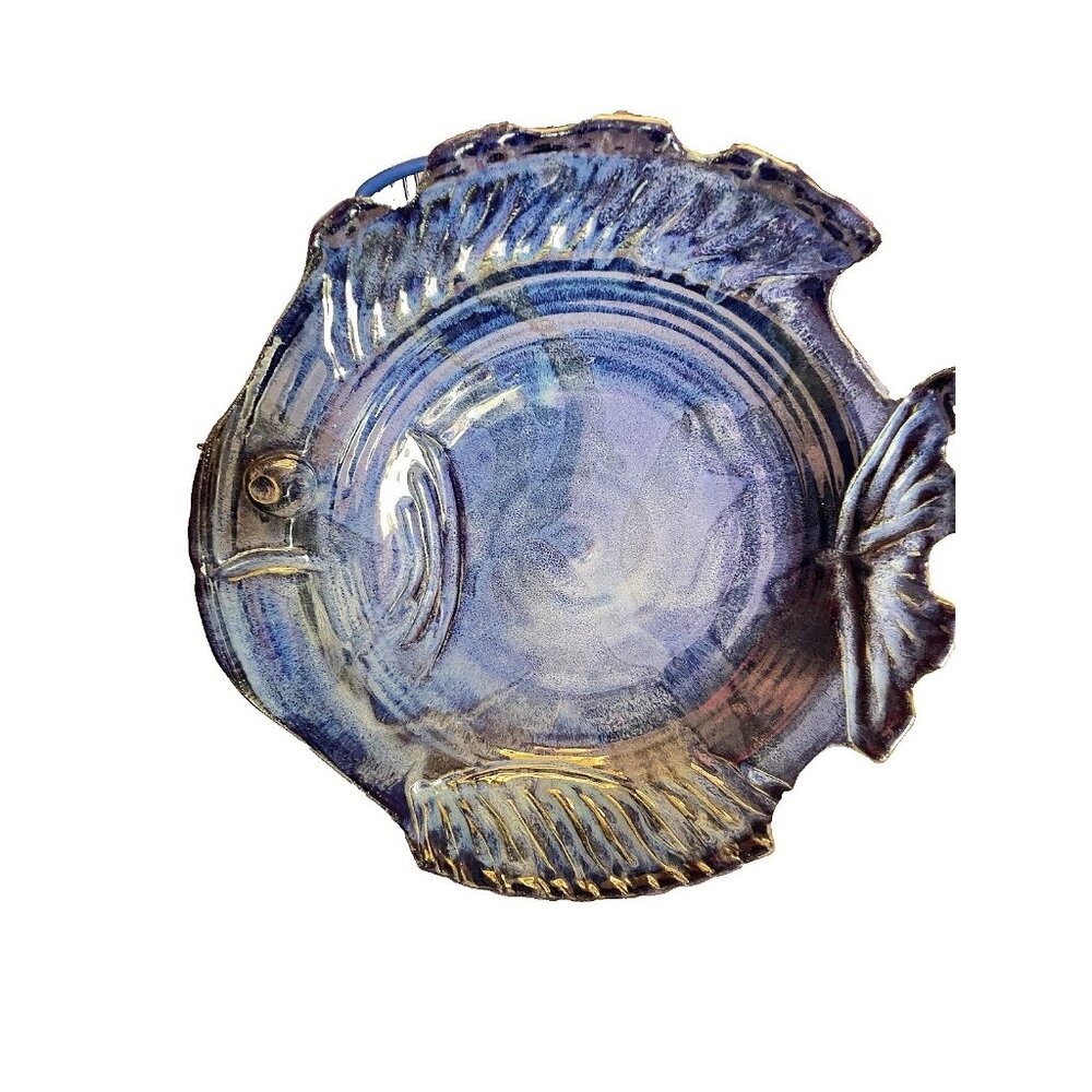 Rare Earth Pottery Fish Bowl 12”D Blue Tropical Large Serving Dish Handmade NICE